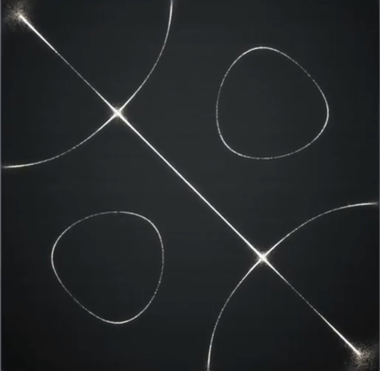 Reference plate: sand on dark metal gathered into a diagonal seam and two closed eyes